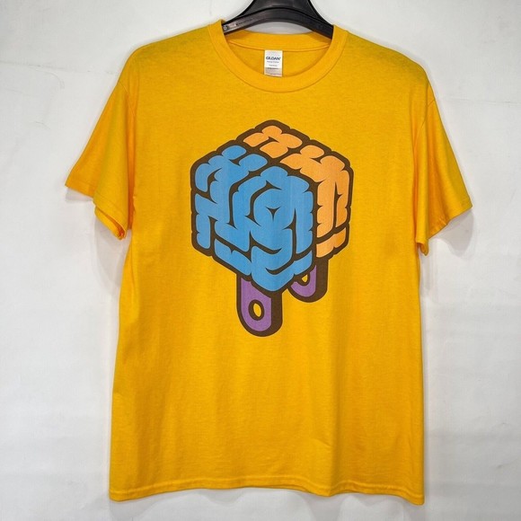 Mens T-Shirt Size Large Yellow Plugged Into Science Gildan Short Sleeves - Picture 5 of 15